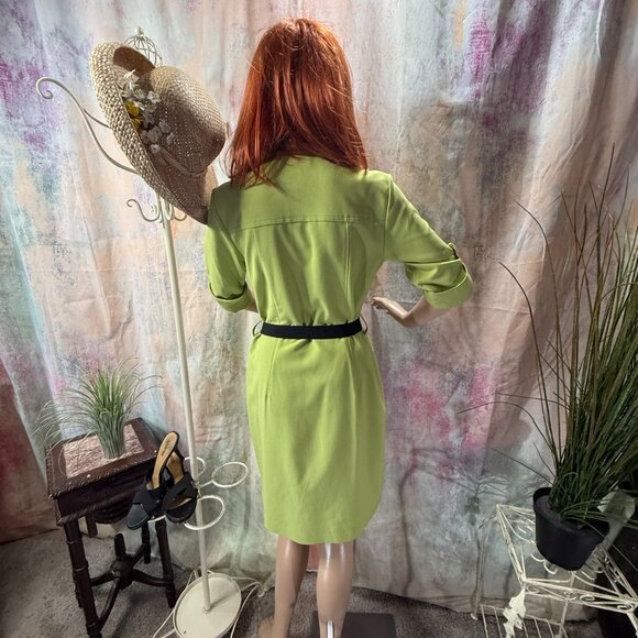 📌Sharagano Lime Green  Sheath Dress with Roll Up Sleeves and Pockets - Picture 2 of 16